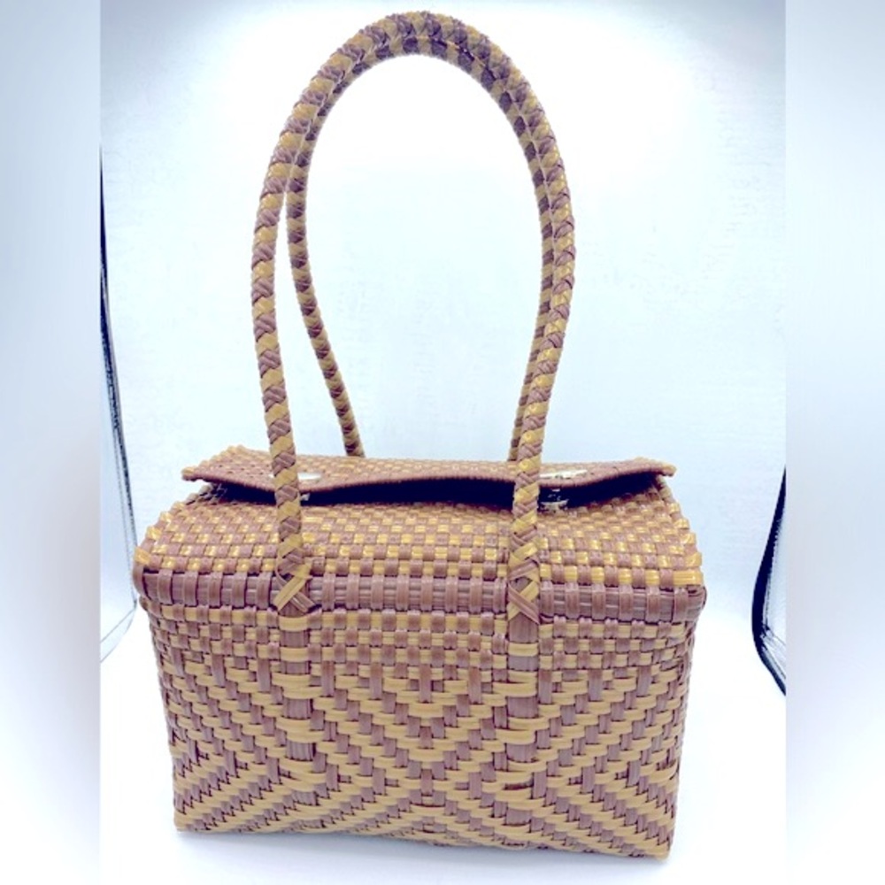 Woven Heavy Duty Plastic Tote/ Handbag Brown Tan Waterproof Plastic Two Handles